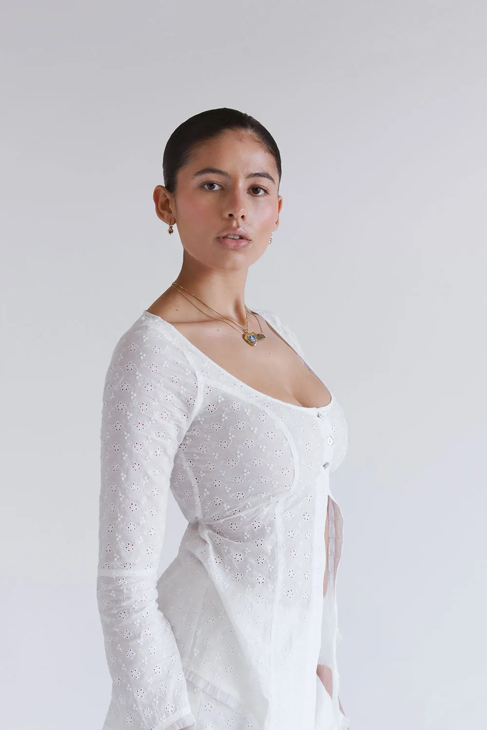 x SYDNEY SWEENEY Bardot Eyelet Top - White