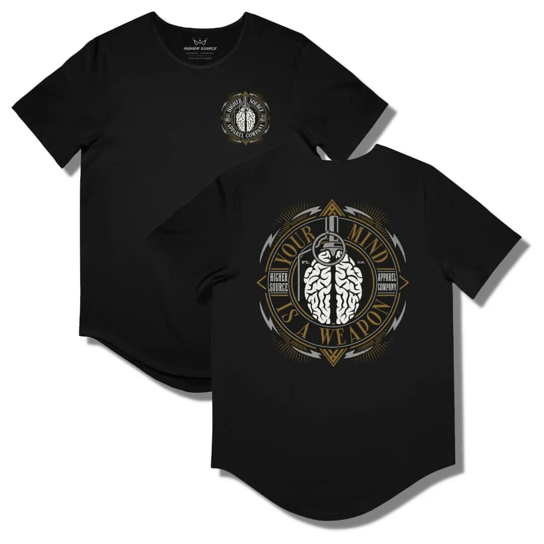 Your Mind is a Weapon Curved Hem T Shirt - Black - Spanish Bistre