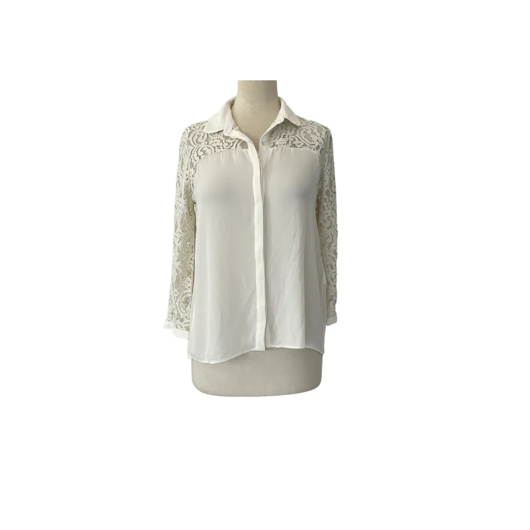 ZARA White Lace-sleeves Collared Shirt | Gently Used |